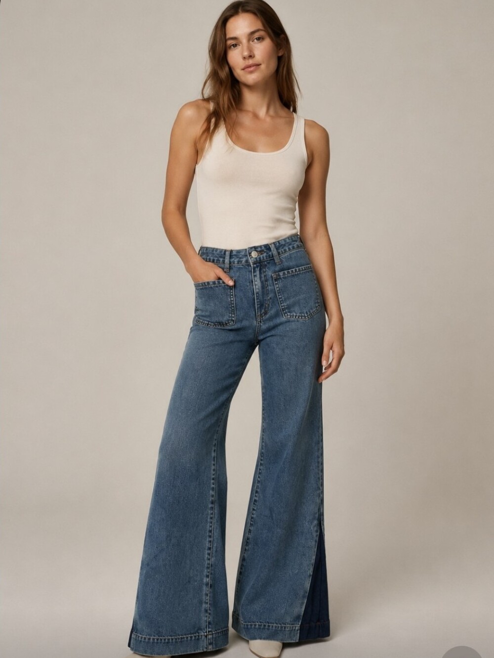 Xírena Two Tone Godet Panel Wide Leg Flare Jeans Blue Size 24 NWOT